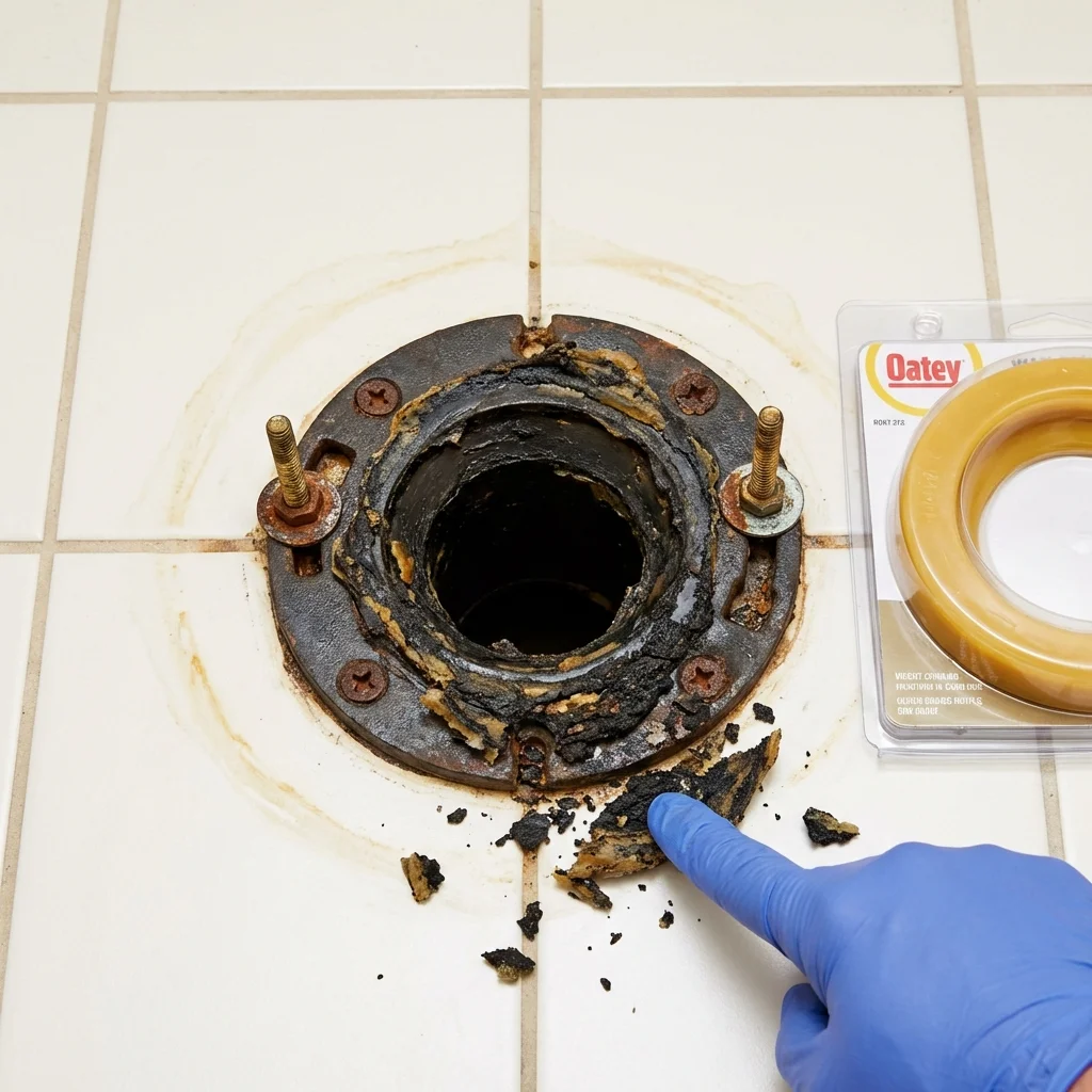Failed wax ring showing water seepage at the base of a toilet in a Richmond, MN home