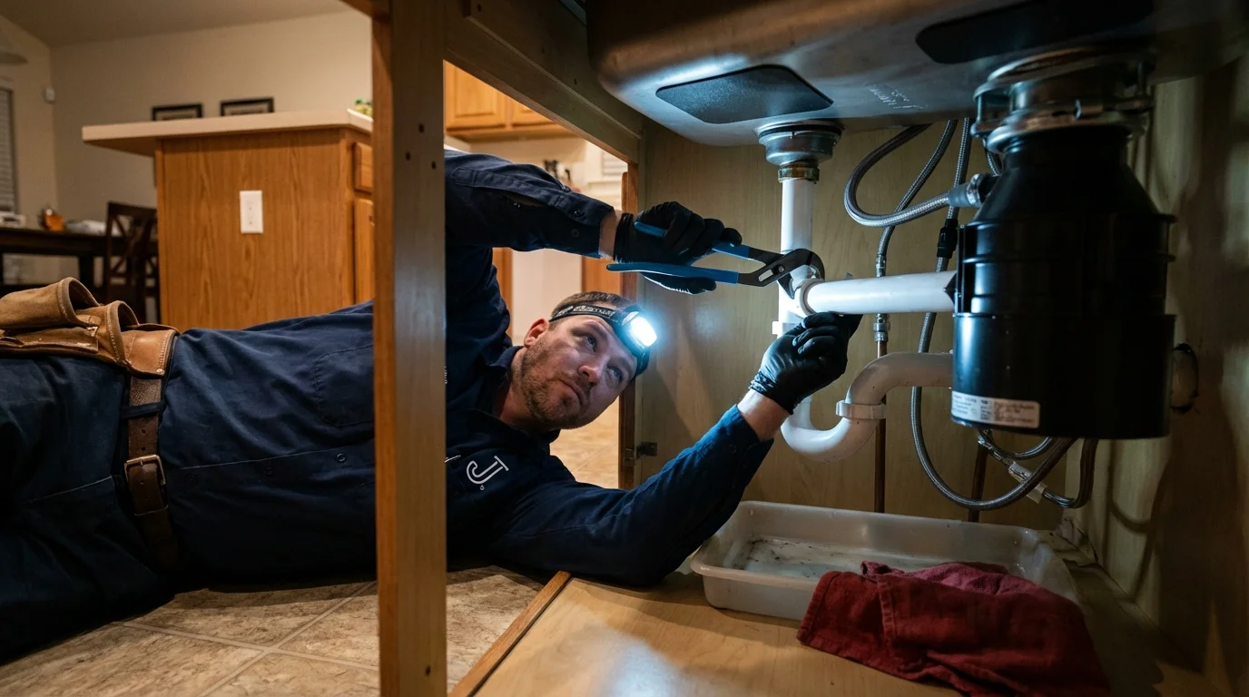P-trap and supply line connections under a kitchen sink showing a common leak point in Richmond, MN